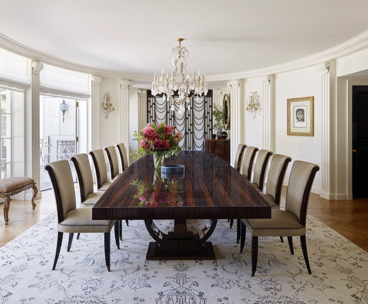 Dining room of 1938 Ann Rutherford house in Beverly Hills with Art Deco Macassar Ebony table and chairs