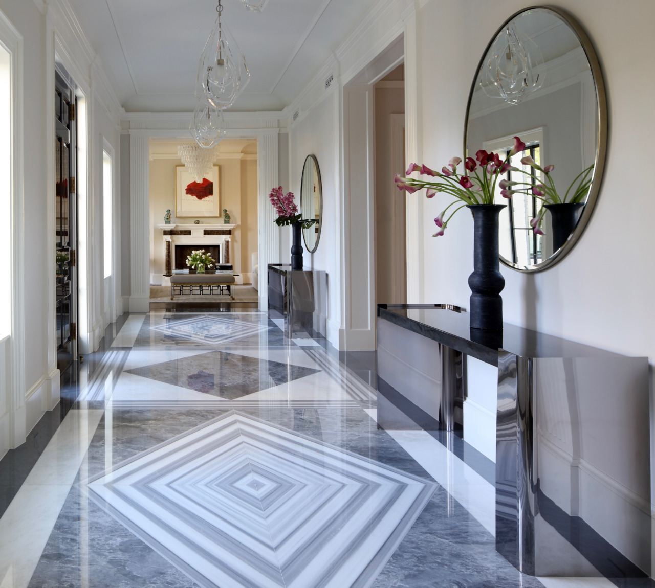 Beverly Hills entrance gallery with geometric patterned marble floor
