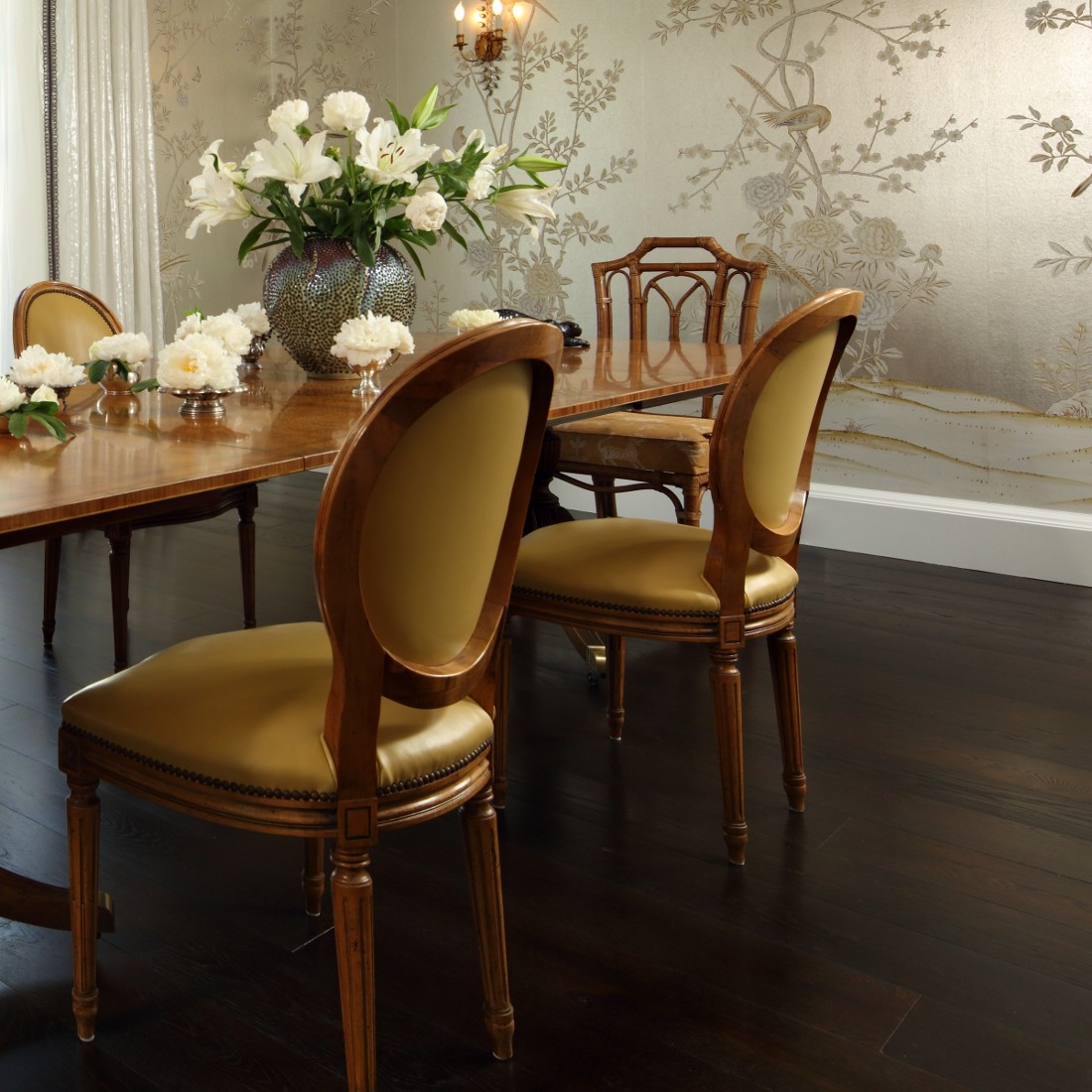 Brentwood dining room with hand painted Chinese silver leaf wallpaper