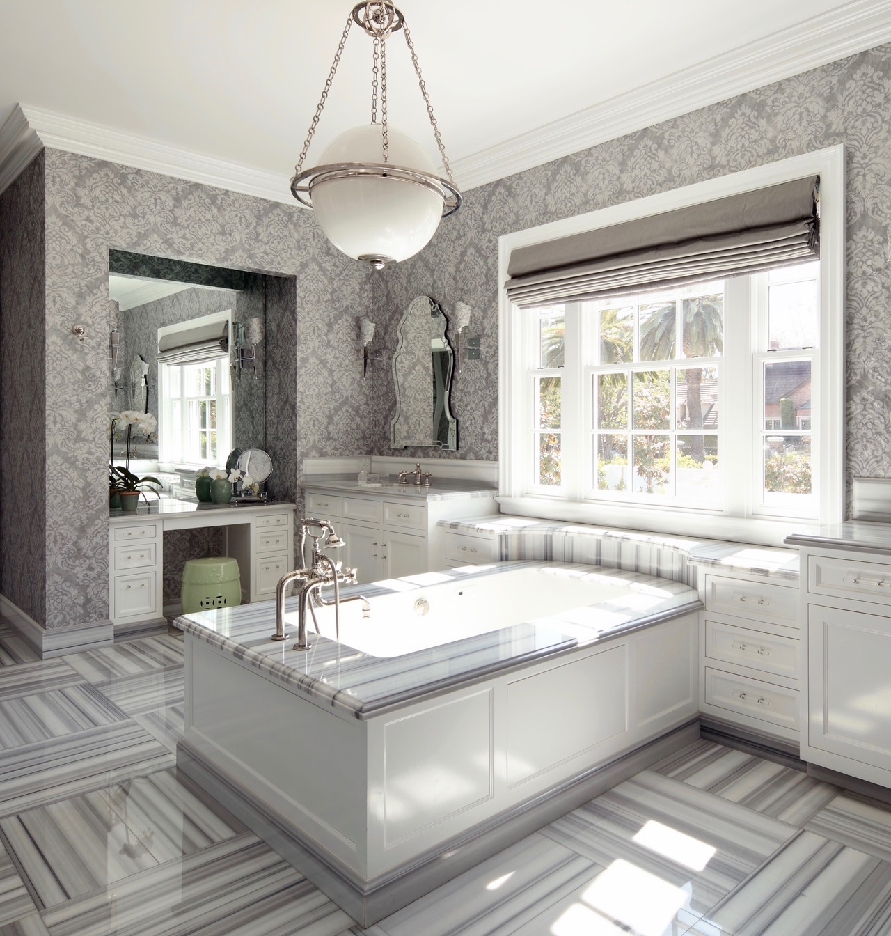Brentwood master bathroom with basketweave pattern Striato Olimpico marble floor