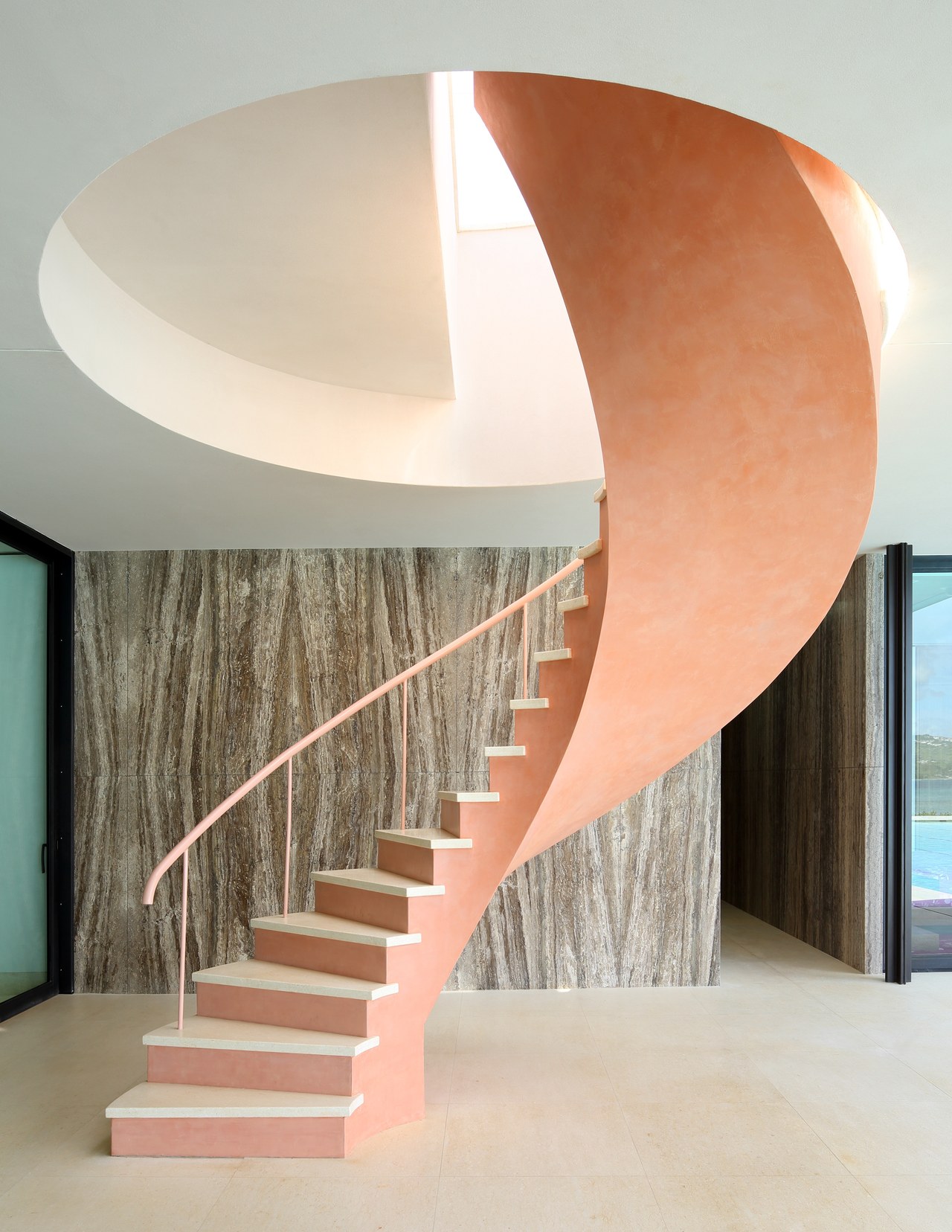 Exterior spiral staircase at Henry Kaiser estate in Hawaii