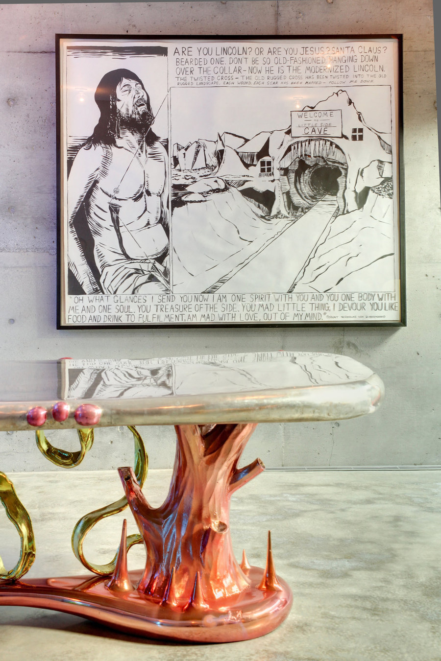 Southern California beach house gallery with Raymond Pettibon painting and Mattia Bonetti Abyss Table