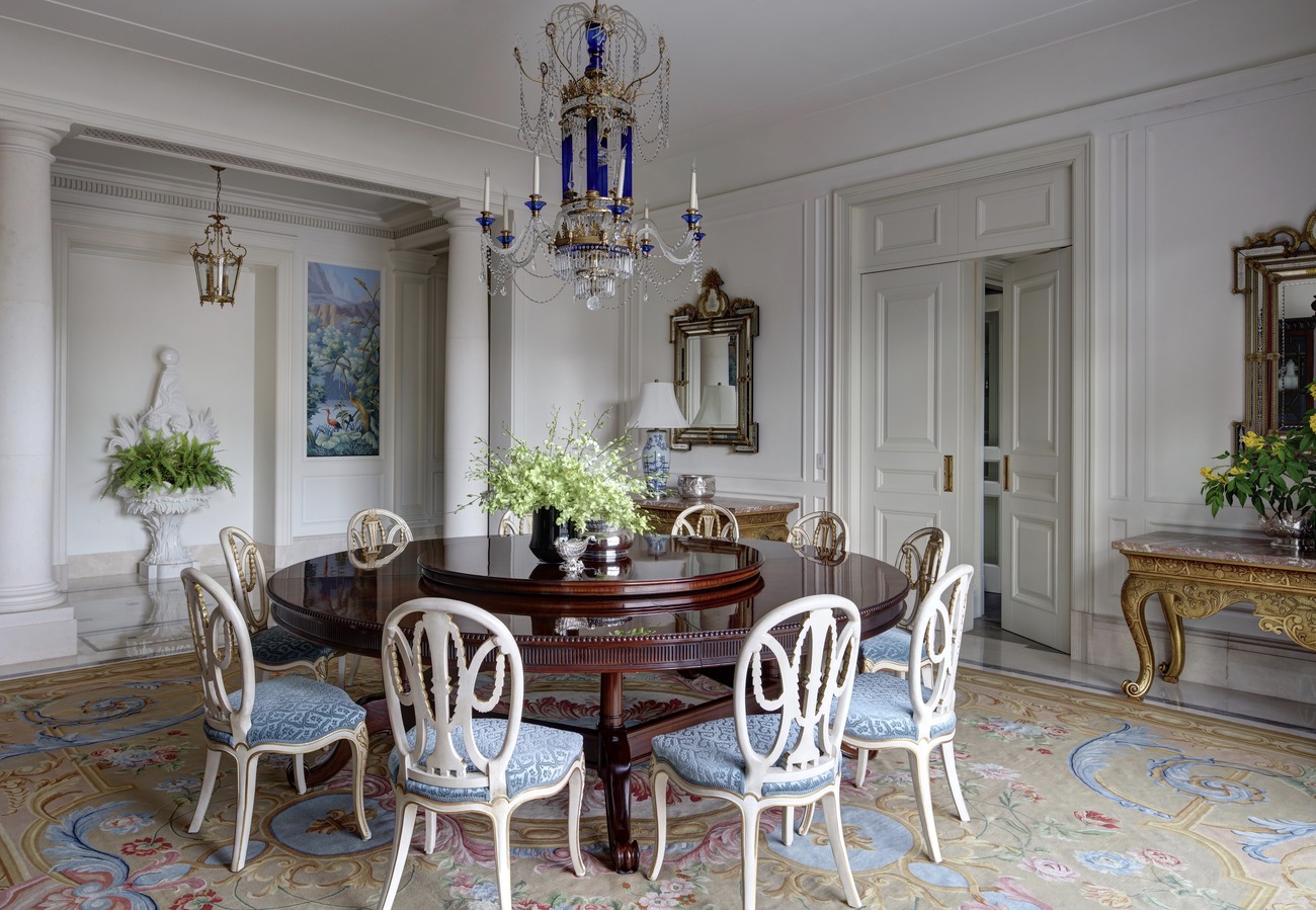 Singapore dining room with Russian blue glass neoclassical chandelier